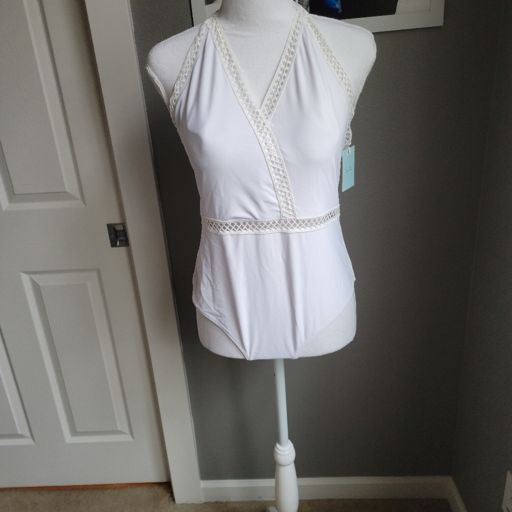 NWT One Piece white halter modest Swimsuit